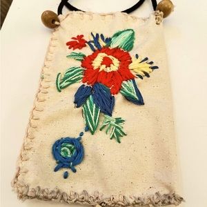 Embroidered  beige floral cotton textiles fabric necklace,pouch, bag.